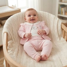 N14762: Baby Girls Waffle Fabric Jacket, Pant & Top Outfit (0-9 Months)